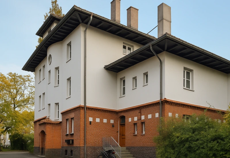 Mehrstöckiges Gebäude mit weißem Obergeschoss und rotem Backsteinuntergeschoss, umgeben von Bäumen.