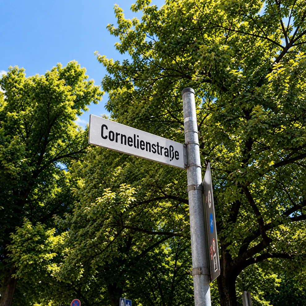 Straßenschild mit der Aufschrift 'Cornelienstraße' an einem grauen Metallpfahl vor grünen Bäumen